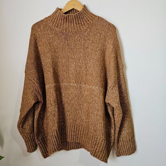 EUC H&M COTTON BLEND SUPER COZY MOCKNECK OVERSIZED PULLOVER SWEATER TAN … - Picture 1 of 16